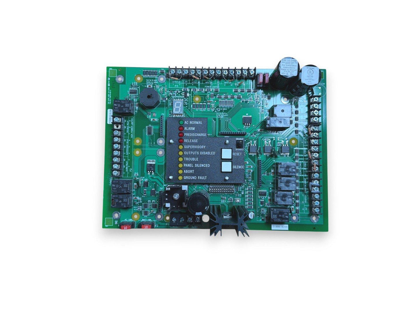 Fire alarm control panel circuit board with status LEDs and terminal connectors for fire safety systems
