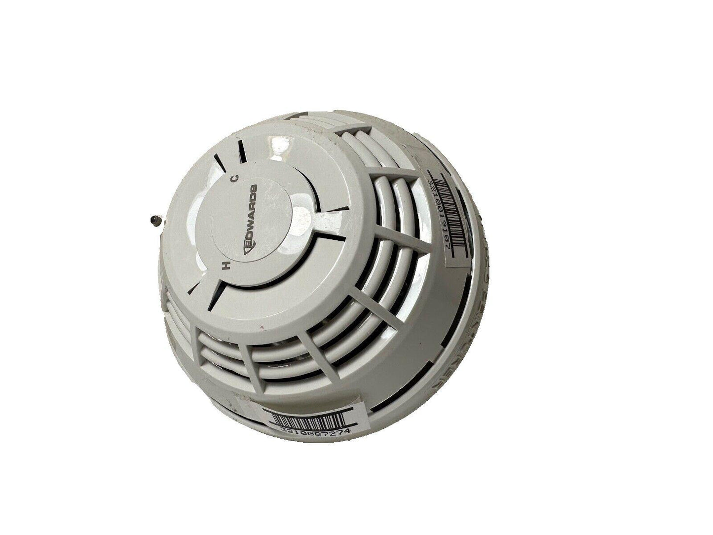 Edwards fire alarm smoke detector with barcode labels, white ceiling mount device