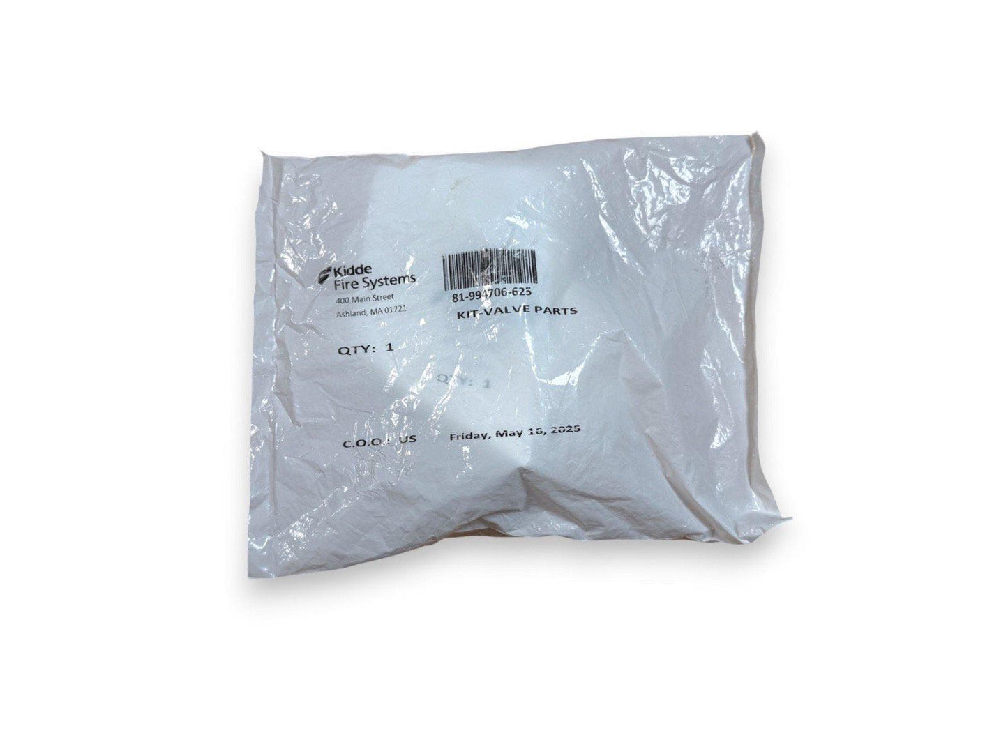 Kidde Fire Systems valve parts kit in sealed plastic packaging, labeled with part number and quantity