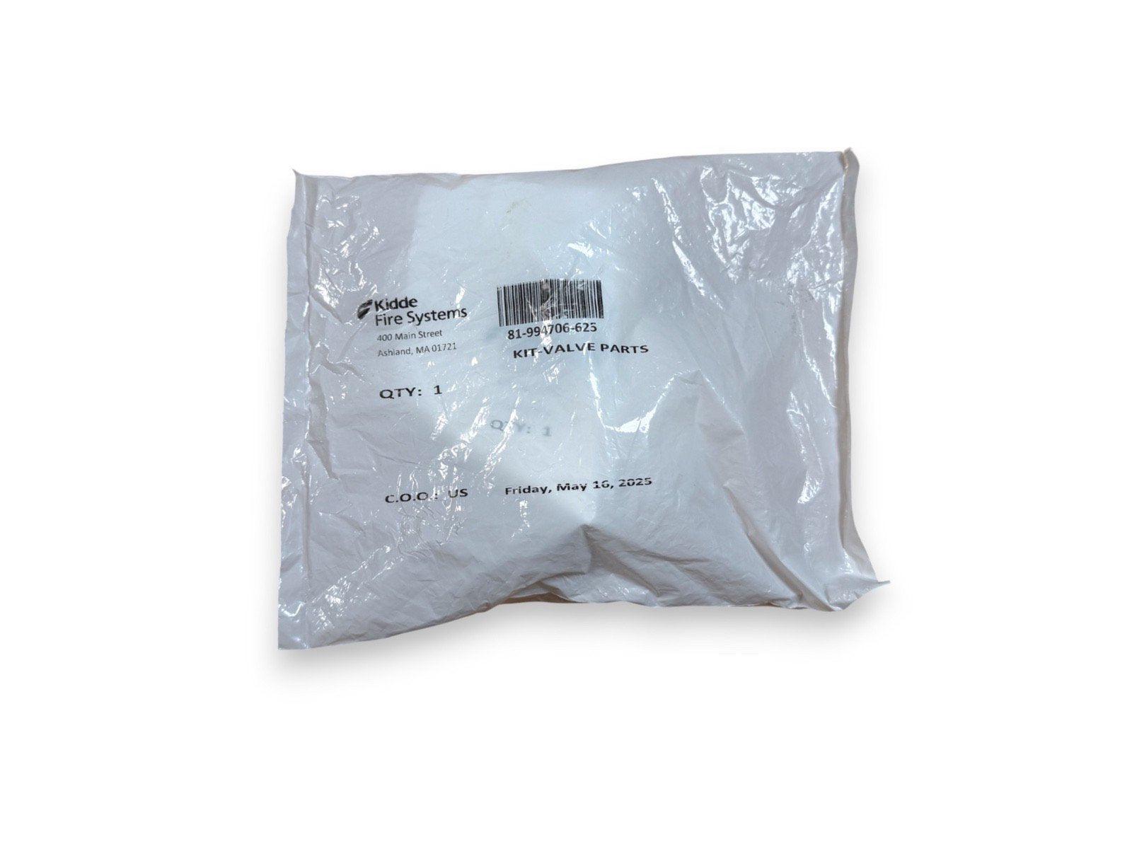 Kidde Fire Systems valve parts kit in sealed plastic packaging, labeled with part number and quantity