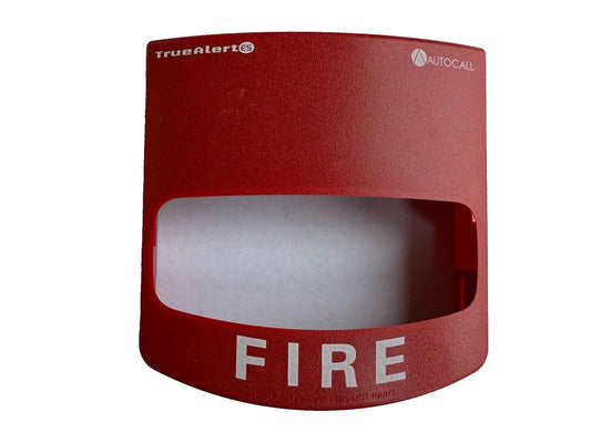 Red TrueAlert ES fire alarm cover with AUTOCALL logo, labeled FIRE for emergency safety systems