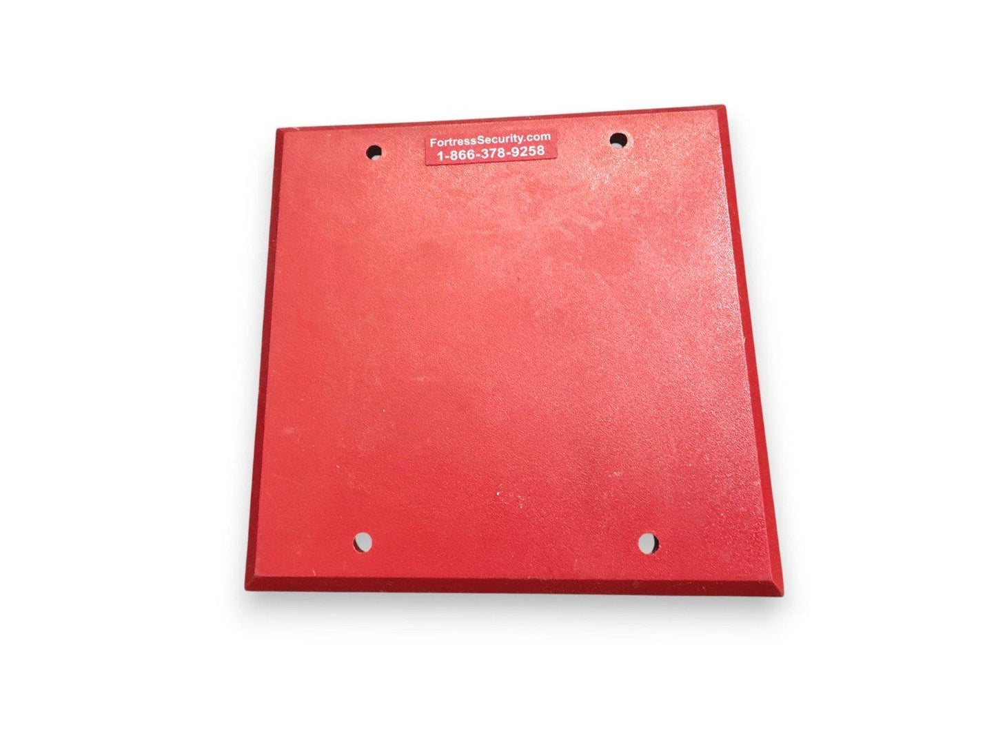 Red fire alarm mounting plate with four holes and security label
