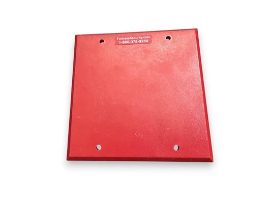 Red fire alarm mounting plate with four holes and security label