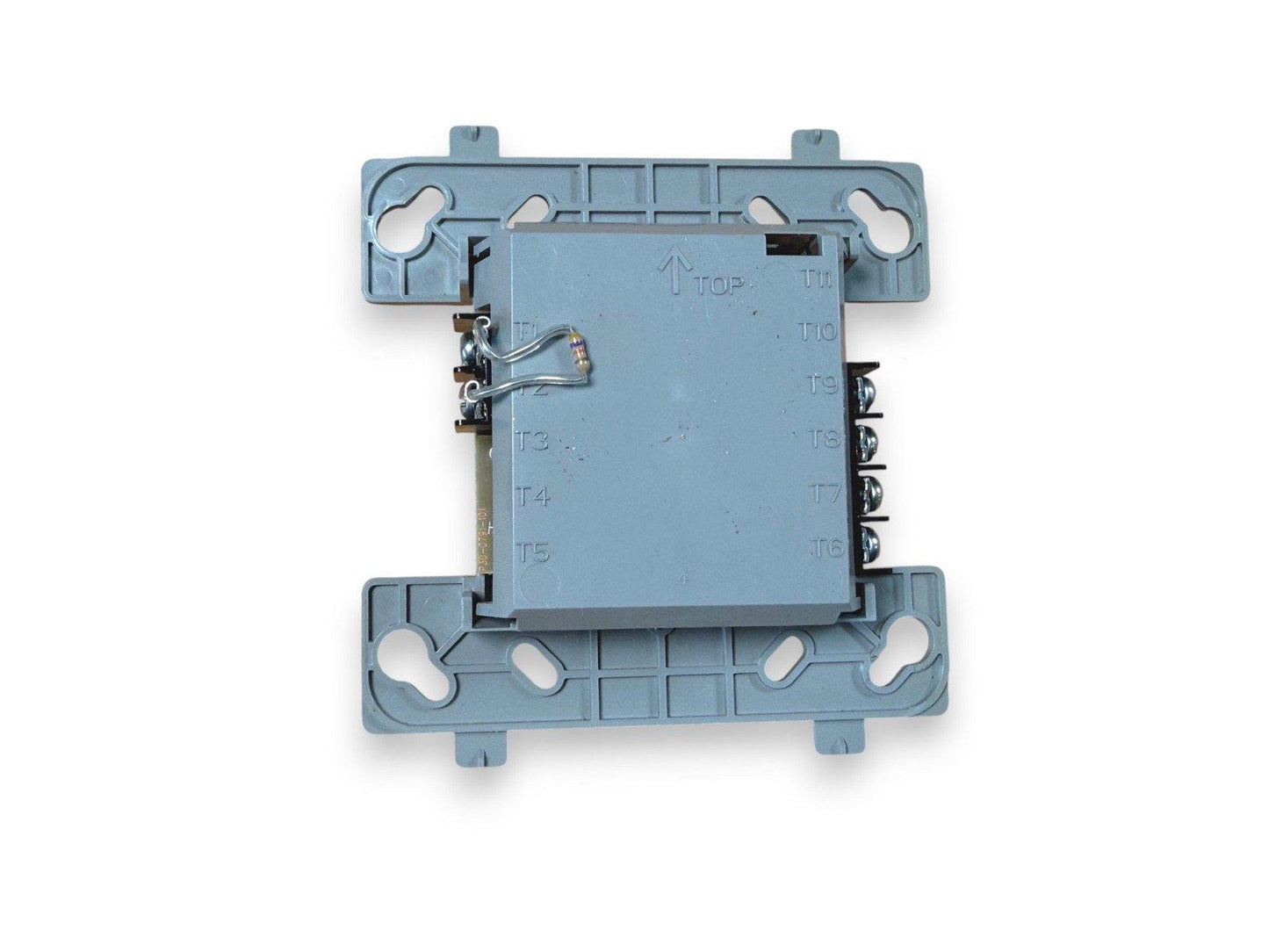 Fire alarm control module with terminal connections T1-T11, gray housing, labeled TOP for installation