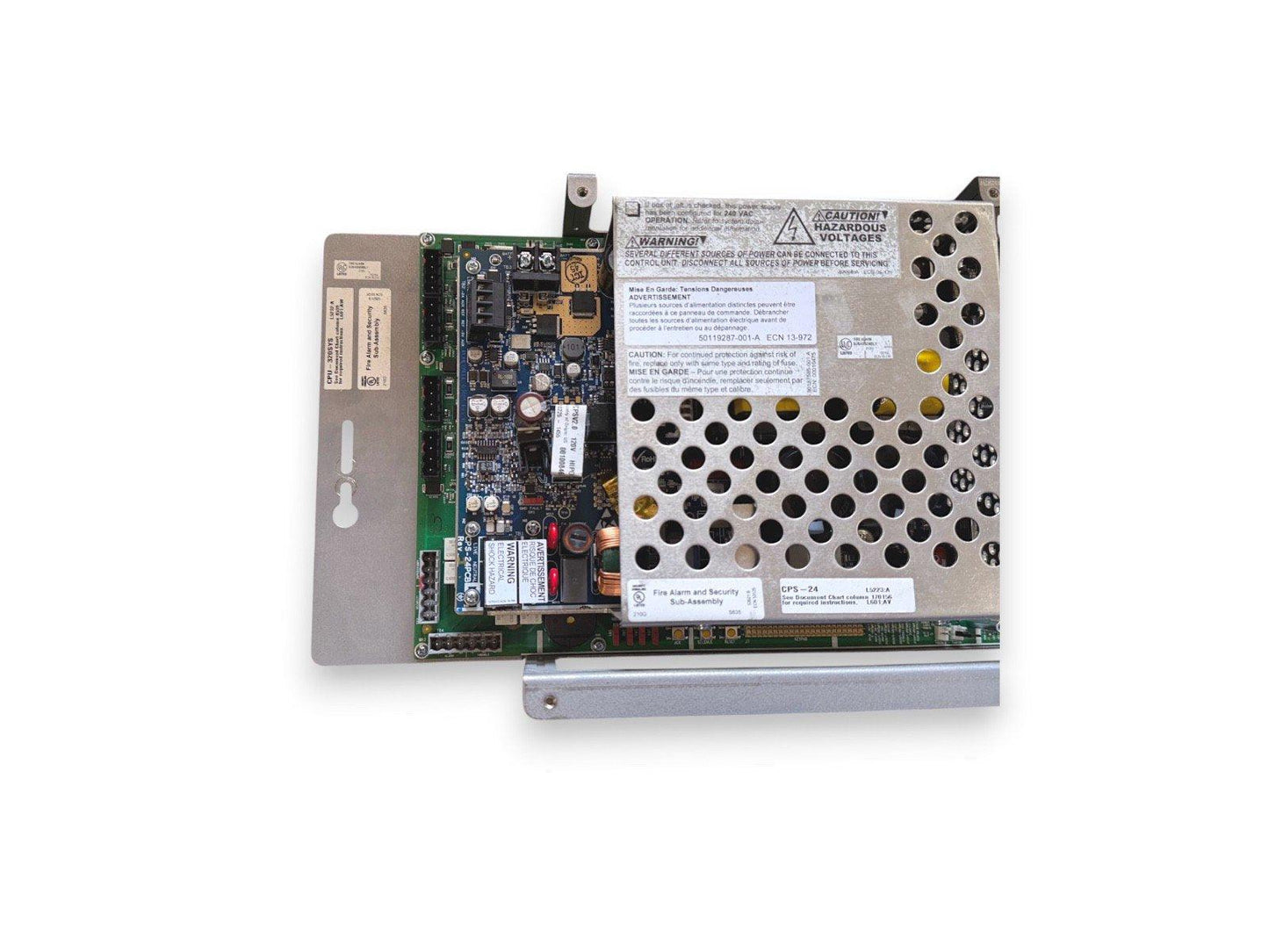 Fire alarm control panel circuit board with power supply, labeled CPS-24, for security systems