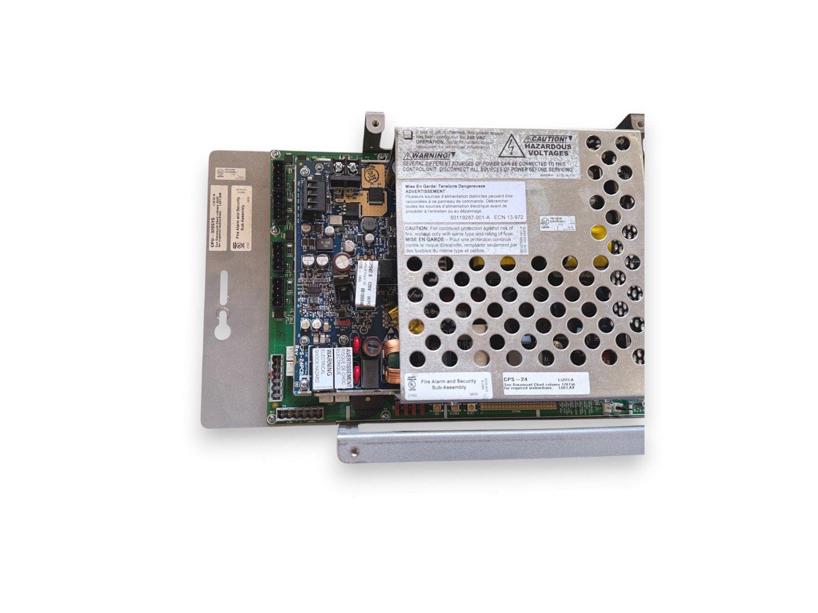 Fire alarm control panel circuit board with power supply, labeled CPS-24, for security systems
