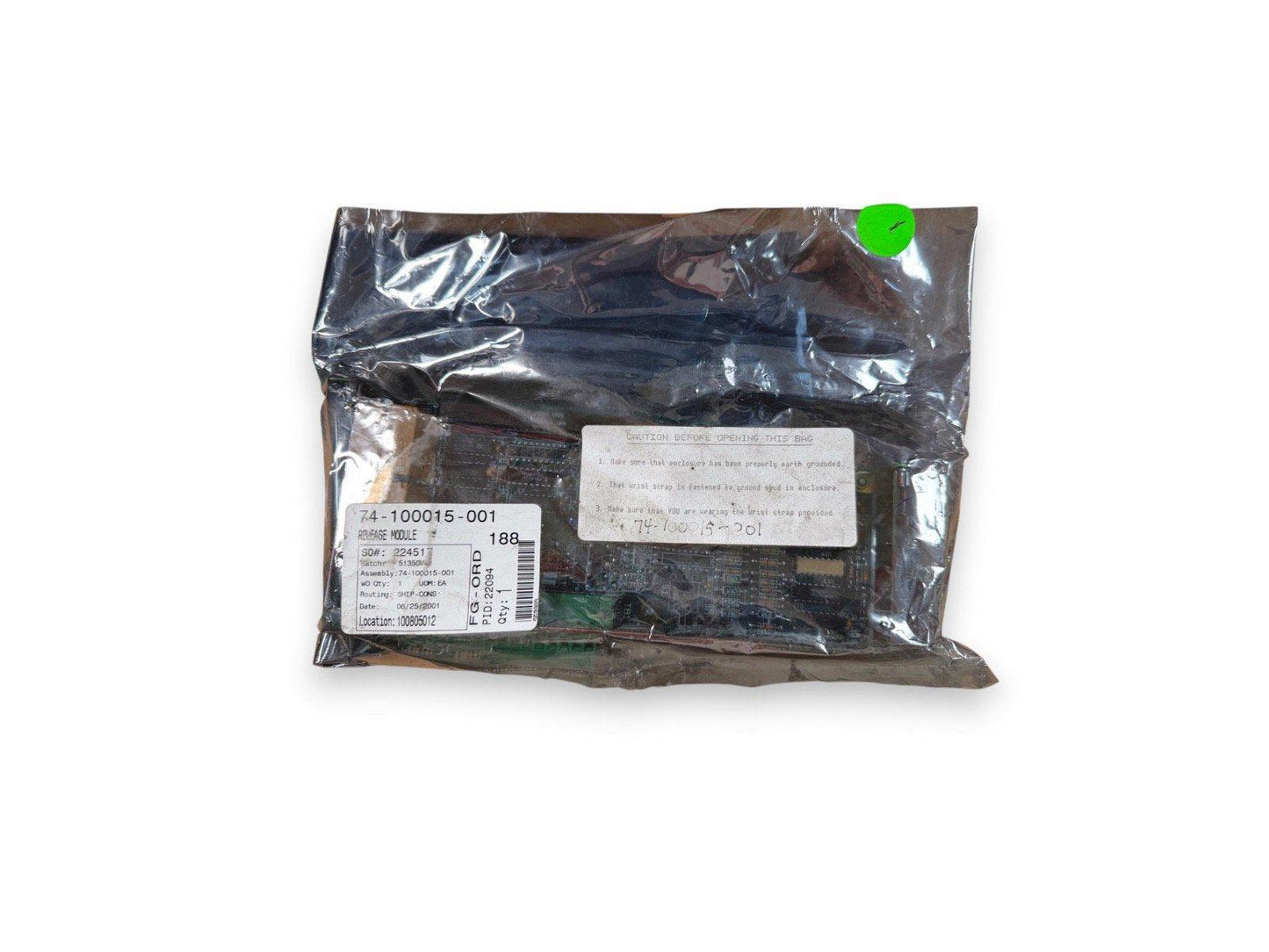 74-100015-001 fire alarm relay module in anti-static bag, labeled for safety and grounding