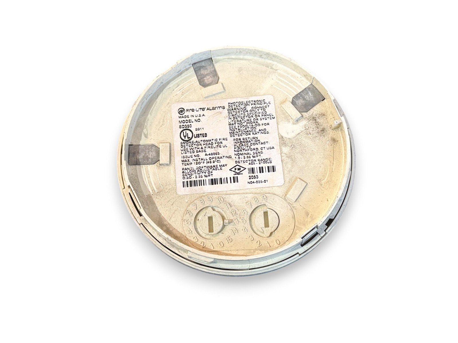 Fire-Lite SD350 smoke detector head with UL listed label and adjustment dials, used fire alarm equipment