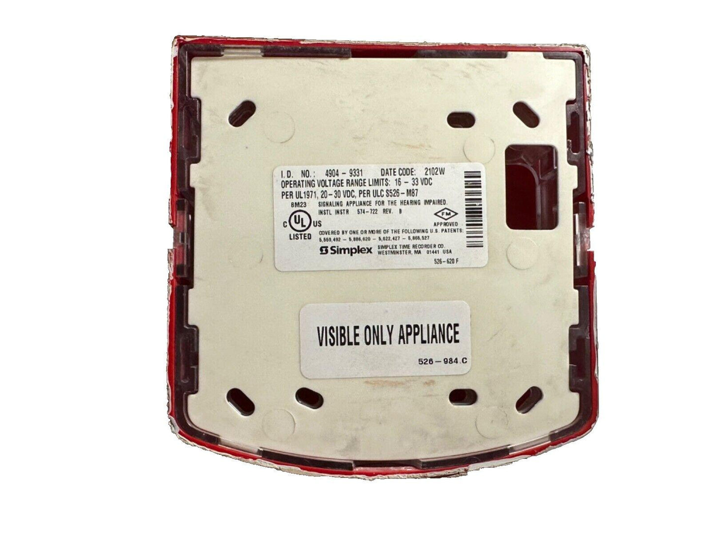 Simplex fire alarm device back panel with UL listing and visible-only appliance label