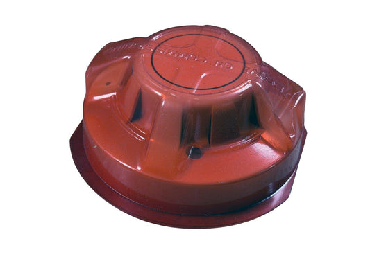Red fire alarm strobe light cover with 'ON COMMISSION' text, for fire safety systems