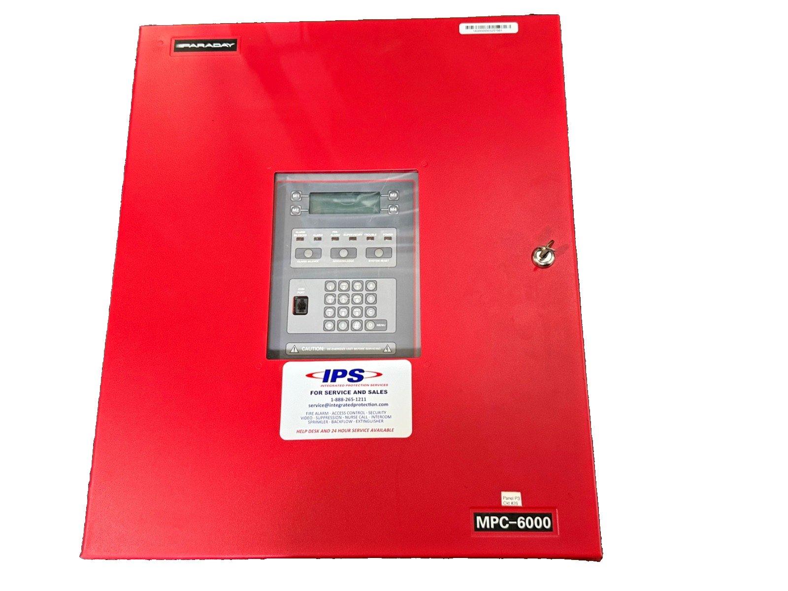 Red Paraday MPC-6000 fire alarm control panel with keypad and IPS service label