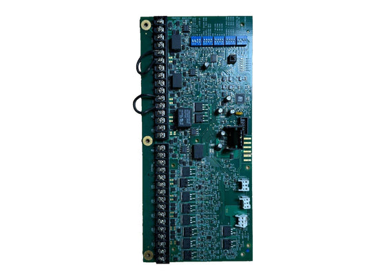 Fire alarm control panel circuit board with terminal blocks and connectors for fire safety systems