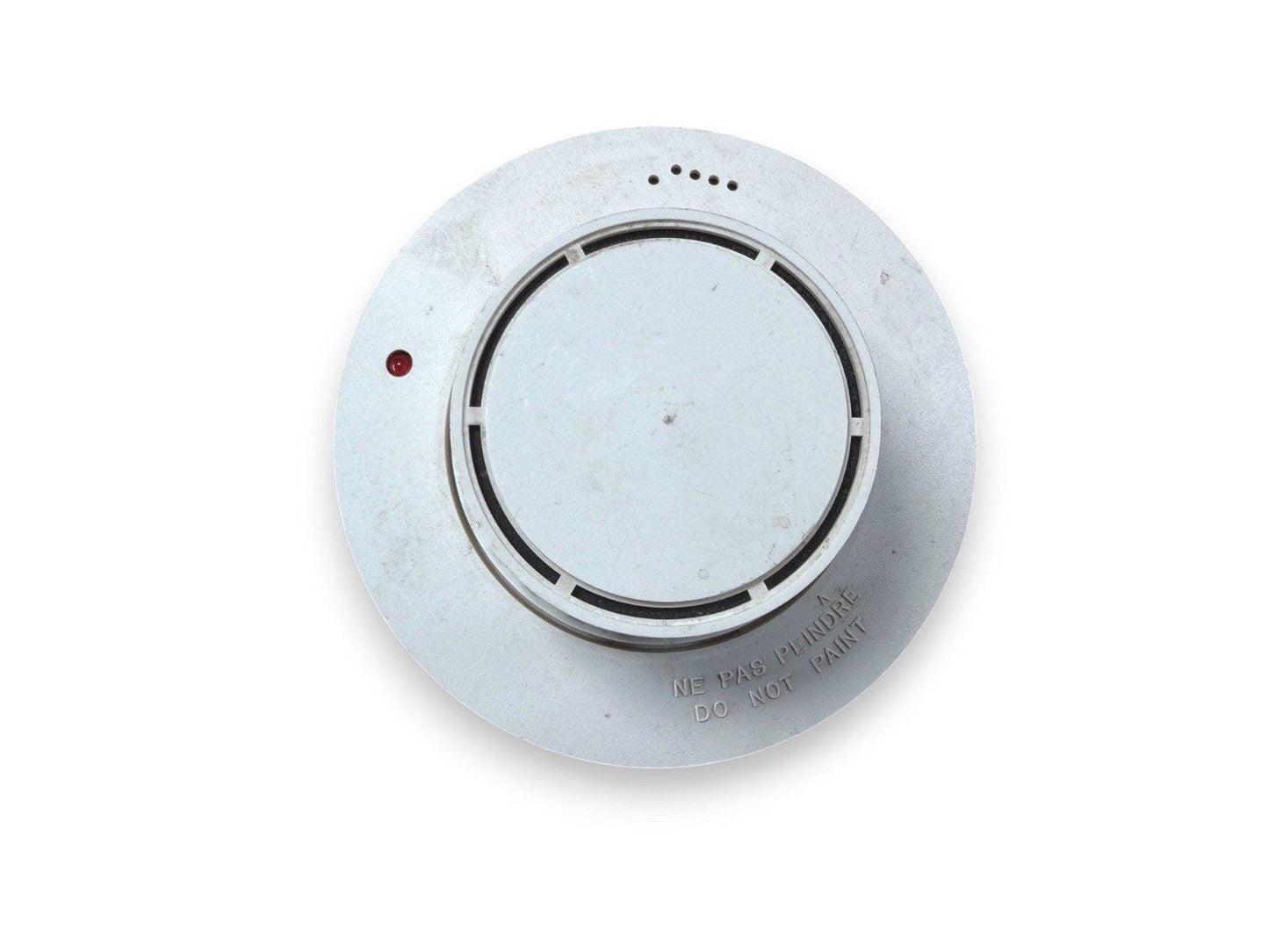 White ceiling-mounted smoke detector with red LED, labeled 'Do Not Paint' for fire alarm systems