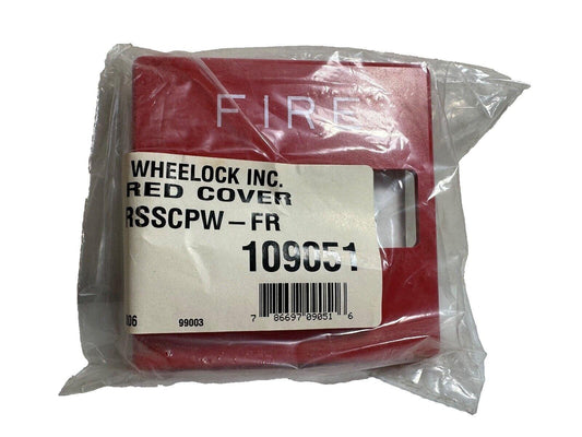 Red fire alarm cover by Wheelock Inc., model RSSCPW-FR, sealed in plastic packaging