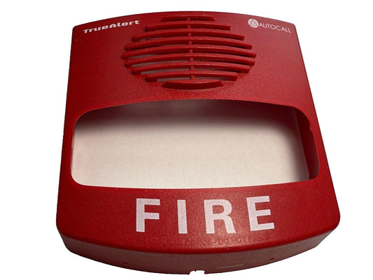 Red TrueAlert fire alarm device with AUTOCall logo and FIRE label, used for fire safety systems
